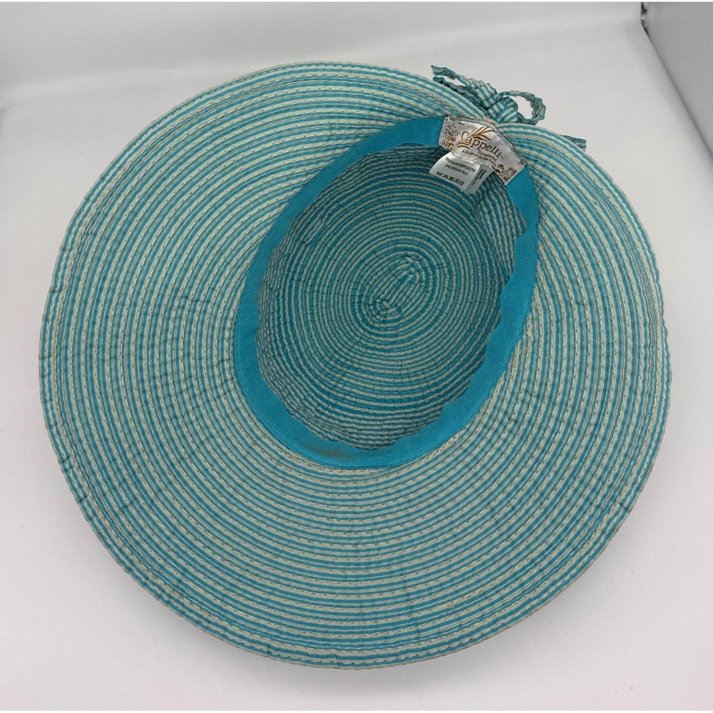 Cappelli Straworld Turquoise Blue White Striped Wide Brim Floppy Sun Hat Bonnet - Picture 7 of 9